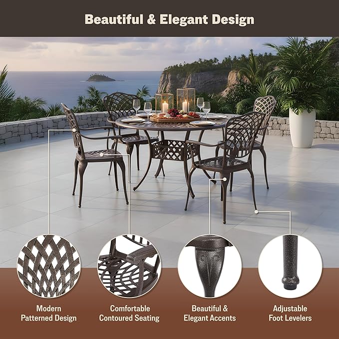 Kinger Home Arden 5-Piece Outdoor Dining Set for 4, Cast Aluminum Patio Furniture, Round Table with Chairs - Photo 5