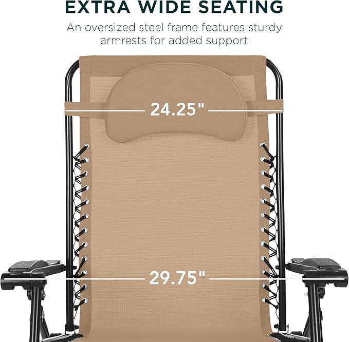 Best Choice Products Oversized Zero Gravity Chair, Folding Outdoor Patio Lounge Recliner w/Cup Holder Accessory Tray, Pillow - Sand/Black