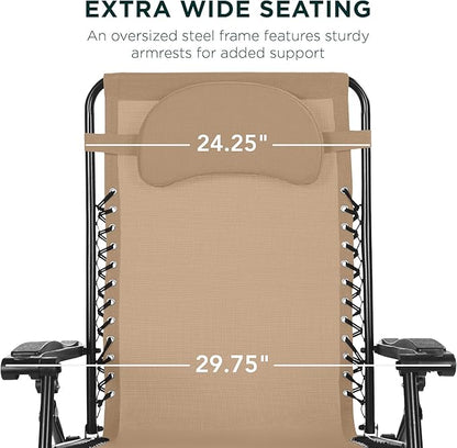 Best Choice Products Oversized Zero Gravity Chair, Folding Outdoor Patio Lounge Recliner w/Cup Holder Accessory Tray, Pillow - Sand/Black