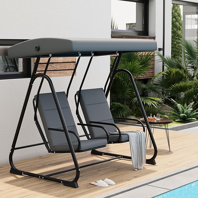 2-Person Patio Porch Swing Chair, Heavy Duty Outdoor Glider with Adjustable Canopy, High Backrest, Removable Cushions - Photo 6