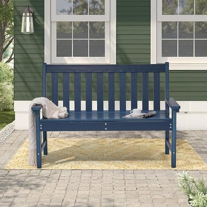 COBANA Outdoor Garden Bench, All Weather HDPE Patio Porch Bench with Faux Wood Grain Pattern, 2-Person Seat for Lawn, Park, Backyard, Entryway, Navy Blue