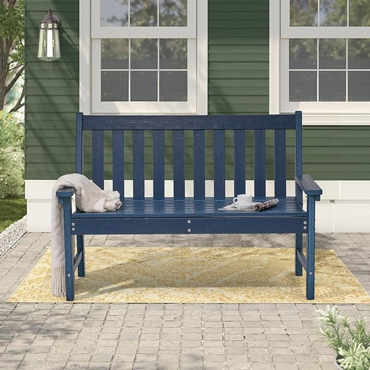 COBANA Outdoor Garden Bench, All Weather HDPE Patio Porch Bench with Faux Wood Grain Pattern, 2-Person Seat for Lawn, Park, Backyard, Entryway, Navy Blue
