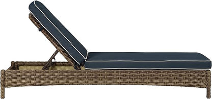 Crosley Furniture Bradenton Reclining Wicker Outdoor Chaise Lounge Chair for Patio, Deck, Backyard, Poolside, Brown with Navy Cushions