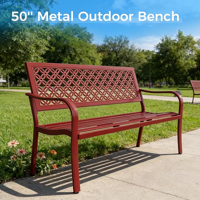 Grand patio Garden Bench, Outdoor Benches with Anti-Rust Metal Powder Coated Frame, Patio Bench for Front Porch Park Outside Furniture Decor, Cherry Red
