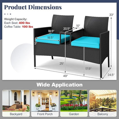 HAPPYGRILL Outdoor Rattan Loveseat, 2-Seat Patio Conversation Set with Built-in Coffee Table, Cushions, Wicker Bench Furniture for Backyard, Garden, Balcony, Porch (Turquoise)