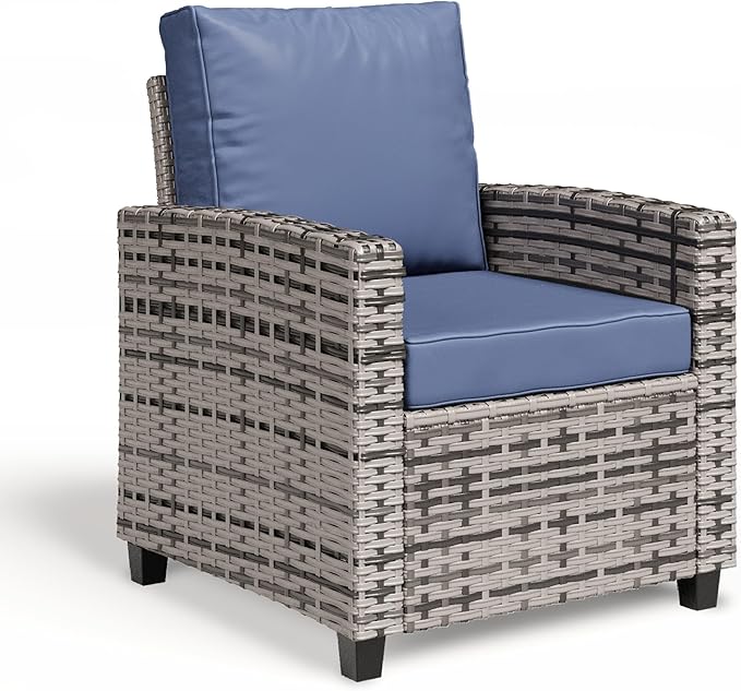 2 Pieces Patio Furniture Set, Outdoor Wicker Chairs Set of 2, All Weather High Back Rattan Chairs, Seating Club Chair Porch Chairs Set with Cushions for Balcony Porch Deck, Blue2