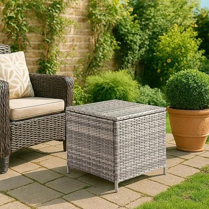 Outvita Outdoor Side Table, Rattan Coffee Table with Storage 27 Gallon Patio Small Deck Storage Box for Cushion Towel Books, Brown Side Table with lid