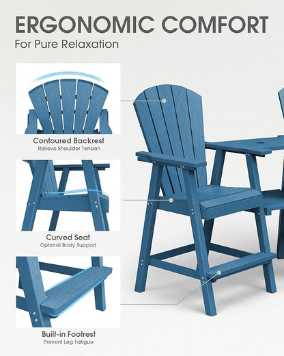 Tall Adirondack Chairs Set of 2, HDPE High Adirondack Chairs with Double Removable Trays, All Weather Outdoor Barstools for Patio, Balcony, Backyard, Deck and Garden, NavyBlue