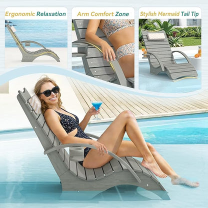 Pool Lounge Chairs Set of 2, Shallow Water 8-10 Inches Deep, HDPS Fade Resistant Pool Tanning Chair with Armrest, Cup Holder, Headrest, 330lbs Capacity, Outdoor Beach Deck Sun Lounger, Gray