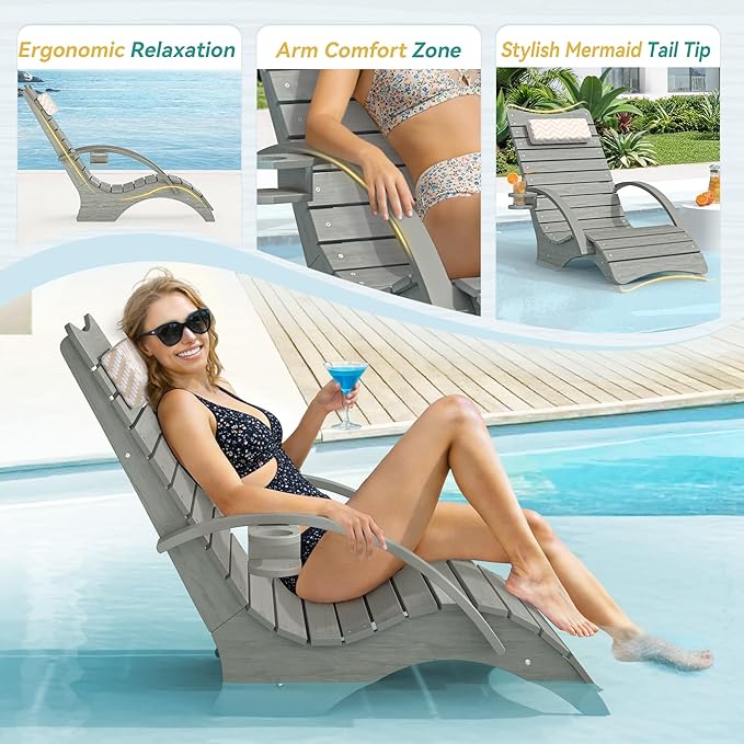 Pool Lounge Chairs, Shallow Water 8-10 Inches Deep, HDPS Fade Resistant Pool Tanning Chair with Armrest, Cup Holder, Headrest, 330lbs Capacity, Outdoor Beach Patio Deck Sun Lounger, Gray