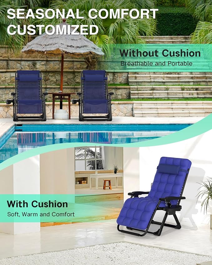 ZENPETIO Zero Gravity Lounge Chair, Foldable Outdoor Recliner with Detachable Cushion, Portable Anti Gravity Lounger for Camping, Patio, Poolside, Lawn - Royal Blue