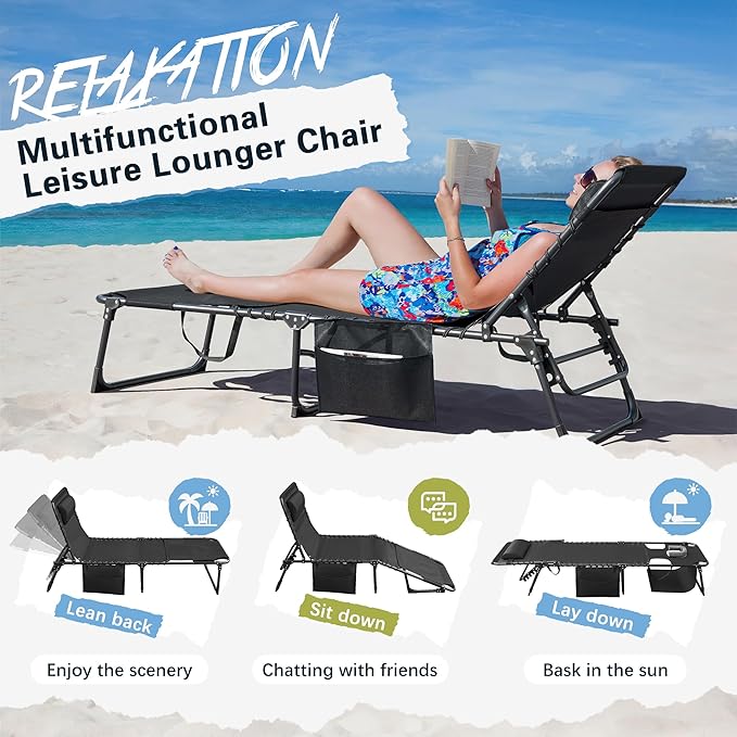 Greesum Chaise Lounge Folding Tanning Chair with 5 Position Adjustable Back, Detachable Pillow & Pocket for Outside Pool - Photo 7