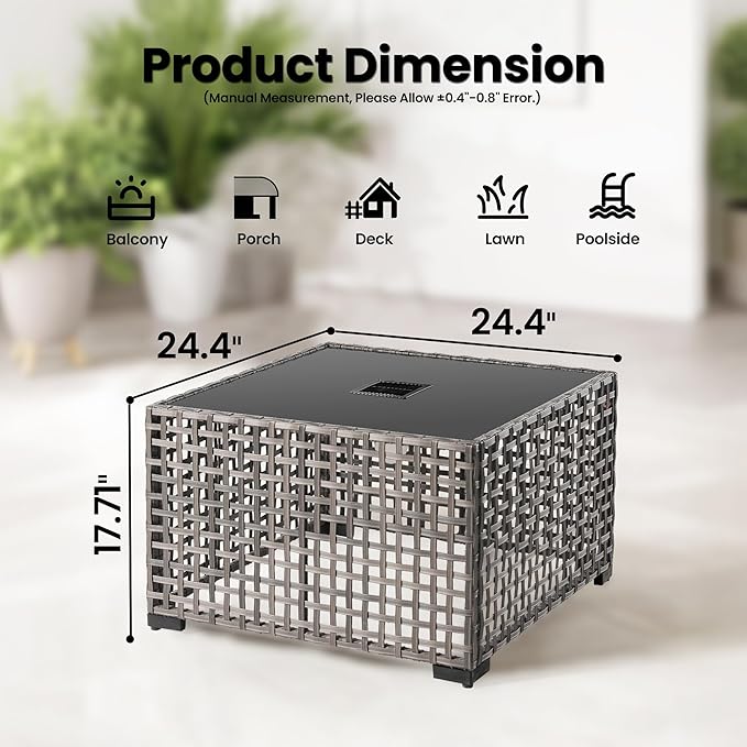 ovios Outdoor Side Table with Tempered Glass Top, Patio Wicker Solar Table - Photo 2