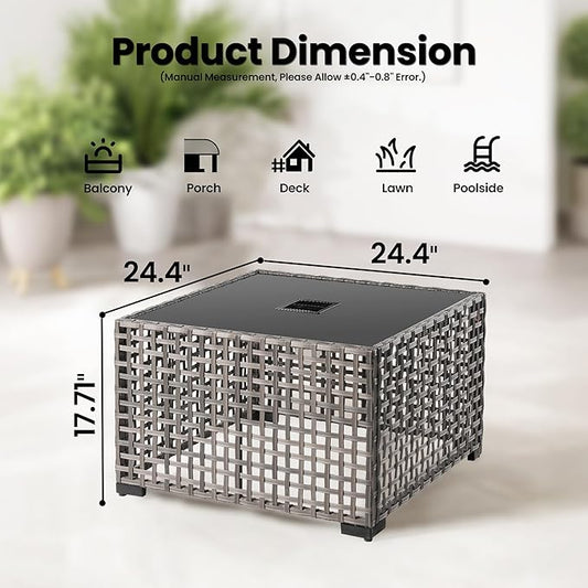 ovios Outdoor Side Table with Tempered Glass Top, Patio Wicker Solar Table, Rattan Bistro End Table for Porch Deck Balcony Garden Poolside, Grey
