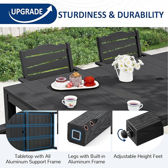 Outdoor Dining Table, Weatherproof 63" Rectangle HIPS Patio Dining Table for 6, with 2" Umbrella Hole, Outdoor Table for Backyard Deck Poolside, Black