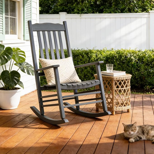 Outvita Outdoor Rocking Chair, Solid Wood High Back Rocker, All Weather Lounge Chair for Porch Patio Fire Pit Garden Backyard Deck Indoor, Wave Shape, Gray