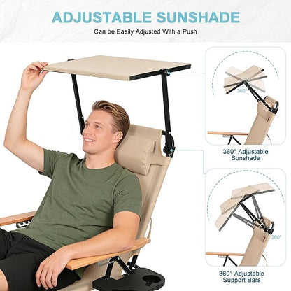 Outdoor Chaise Lounge Chair with 4-Position Adjustable Backrest,Patio Folding Sun Tanning Chair,Pillow & Cup Holder,Portable Recliner Sunbathing Lounger Chairs for Beach Garden (Beige with Shade)