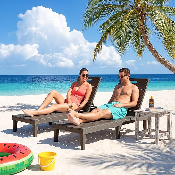 Greesum Outdoor Chaise Lounge Chair Set of 2, Waterproof 5-Position Adjustable PP Sun Loungers for Patio, Poolside, and Beach Sunbathing, Brown