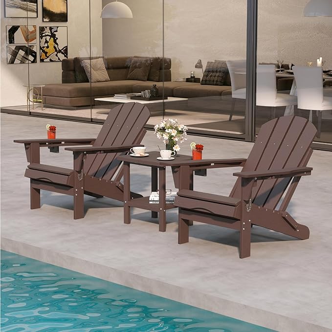 Coffee 6-Piece Folding Adirondack Chair Set with Cup Holders, Ottomans, Side Table & Beige 11FT Cantilever Umbrella with Base, HDPE Outdoor Chairs