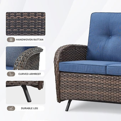 Patio Loveseat Wicker Loveseat Rattan Glider Sofa with Curved Armrest Thicking Back & Seat Cushions for Garden Balcony Backyard Brown Wicker|Blue Cushions (B) Patio Loveseat Glider