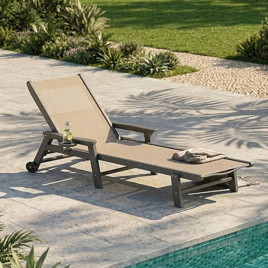 Patio Chaise Lounge Chair with Wheels & Cup Holder, HDPE Textilene Outdoor Lounge Chair 5 Positions Adjustable for Poolside Deck Patio Backyard (1, Grey Frame, Khaki Textilene)