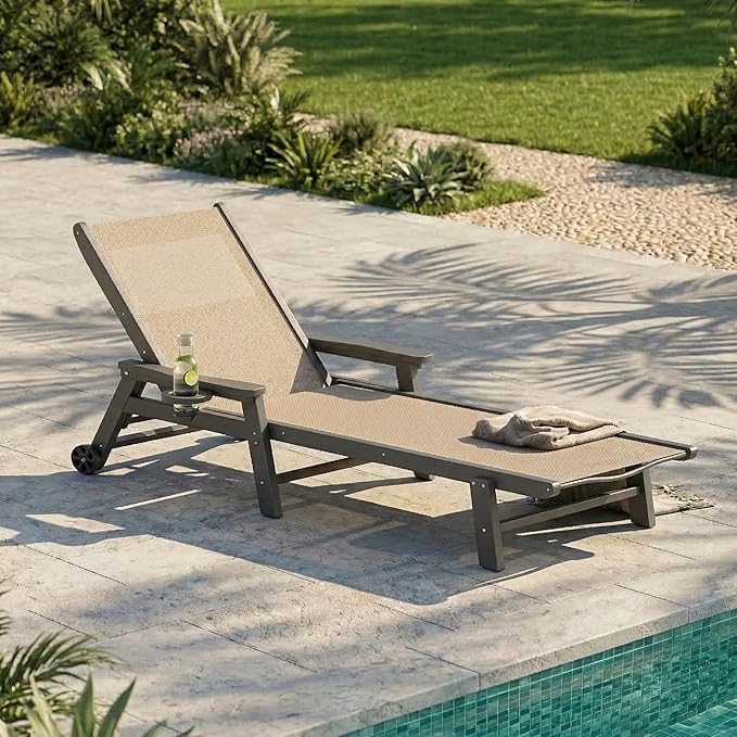 Patio Chaise Lounge Chair with Wheels & Cup Holder, HDPE Textilene Outdoor Lounge Chair 5 Positions Adjustable for Poolside Deck Patio Backyard (4, Grey Frame, Khaki Textilene)