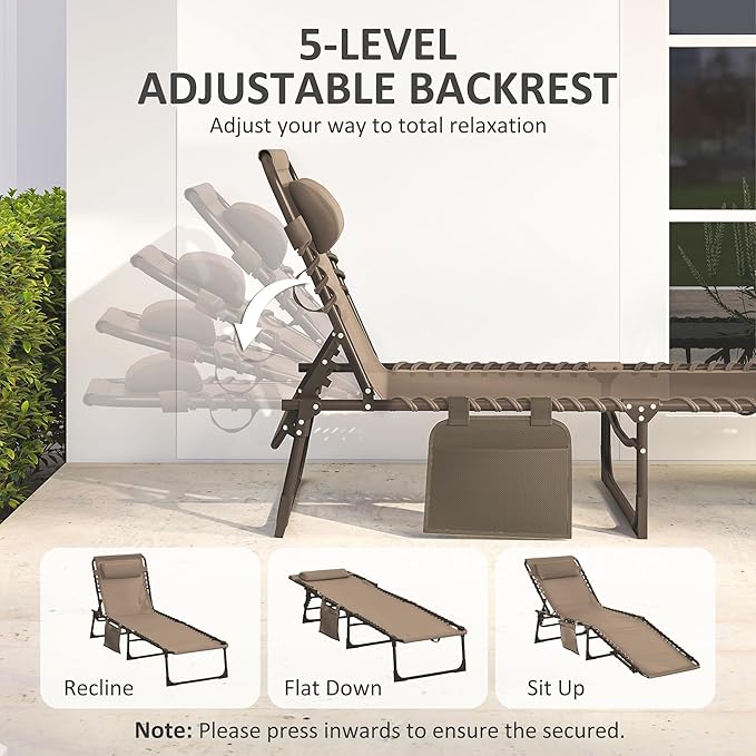Outsunny Folding Chaise Lounge Chair, Patio Sun Tanning Chair, Outdoor Chaise Lounger with 5-Position Reclining Back, Breathable Mesh Seat for Beach, Poolside, Yard, Brown