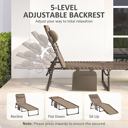 Outsunny Folding Chaise Lounge Chair, Patio Sun Tanning Chair, Outdoor Chaise Lounger with 5-Position Reclining Back, Breathable Mesh Seat for Beach, Poolside, Yard, Brown