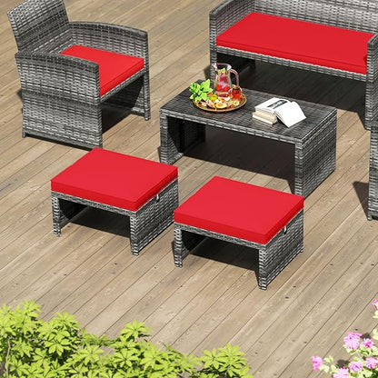 RELAX4LIFE Wicker Outdoor Ottoman Set of 2 - Rattan Footstools Foot Rest w/Removable Cushions, Multipurpose Side Table & Additional Seating, Outdoor Ottomans for Patio Garden Porch (Grey-Red)
