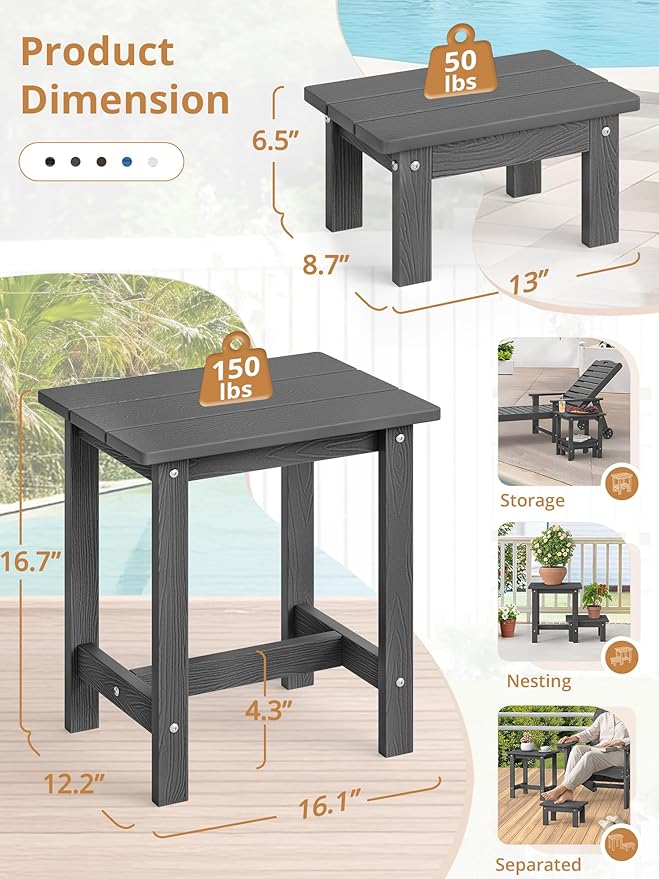 LUE BONA Outdoor Side Table, 2-Tier HDPS Outdoor Nesting End Table with Removable Small Foot Stool for Patio, Deck, Poolside, Low Maintenance & Weather Resistant,Dark Gray