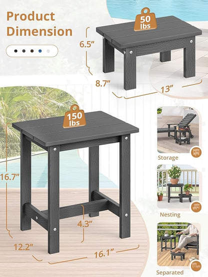 LUE BONA Outdoor Side Table, 2-Tier HDPS Outdoor Nesting End Table with Removable Small Foot Stool for Patio, Deck, Poolside, Low Maintenance & Weather Resistant,Dark Gray