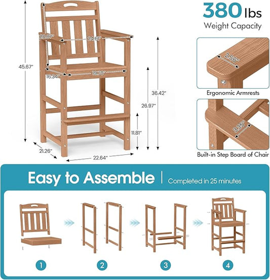 Ciokea Heavy Duty Bar Height Chair, 380lbs Outdoor Adirondack Tall Bar Chair Patio Stool with Arms & High Back, Heavy Duty All-Weather for Balcony, Poolside, Deck and Garden, Teak