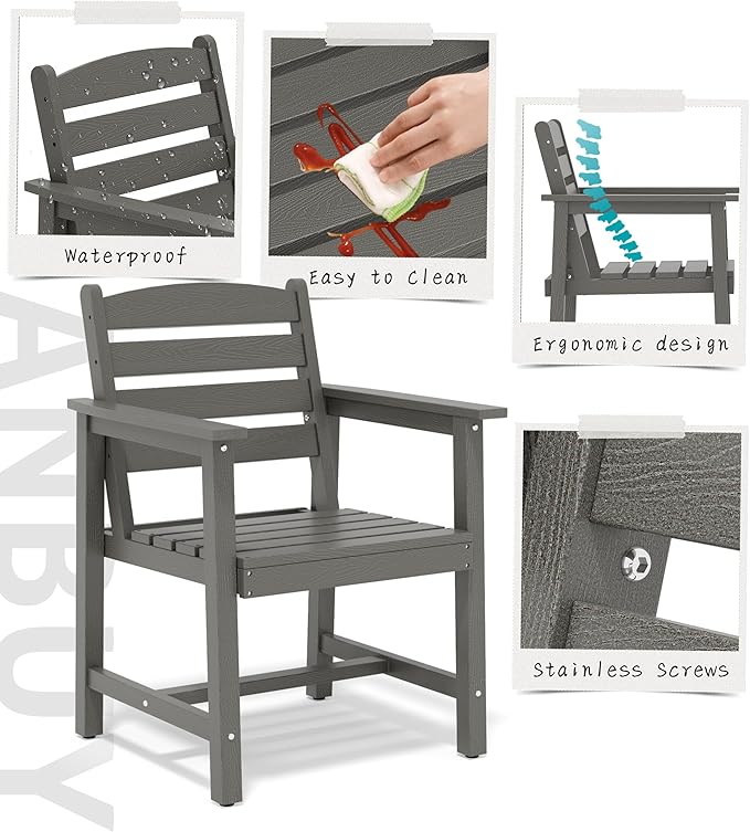 Anbuy Patio Dining Chair Set of 2, Outdoor Chairs with Curved Backrest and Ergonomic Armrests for Every Scene in Outdoor, Dining, Garden (Gray)