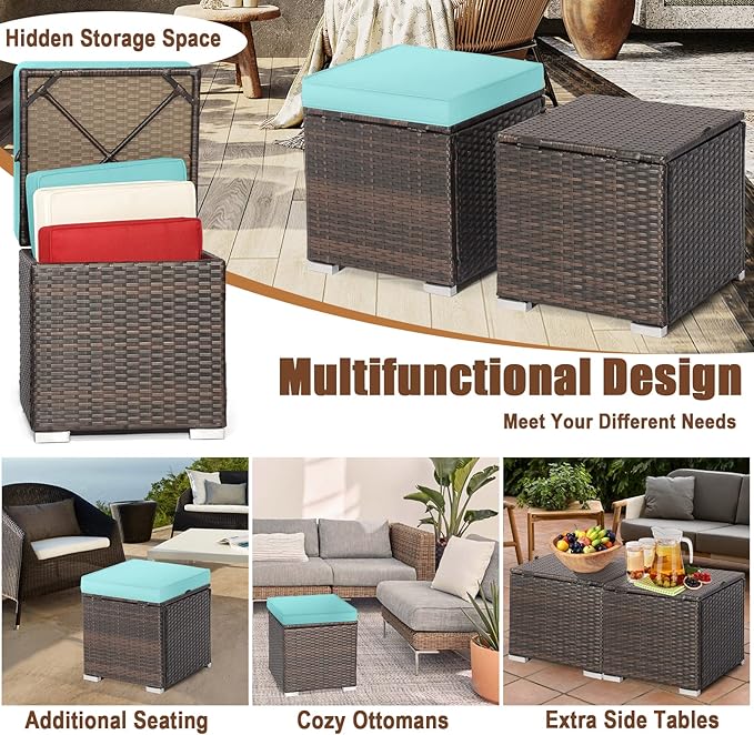 MEDIMALL Patio Wicker Ottoman Set of 2, Multipurpose Outdoor Footstool w/Removable Cushions, Rattan Side Table w/Storage - Photo 5