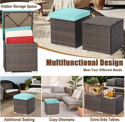MEDIMALL Patio Wicker Ottoman Set of 2, Multipurpose Outdoor Footstool w/Removable Cushions, Rattan Side Table w/Storage, Footstool Ottoman Seat for Garden, Backyard, Poolside (Turquoise)