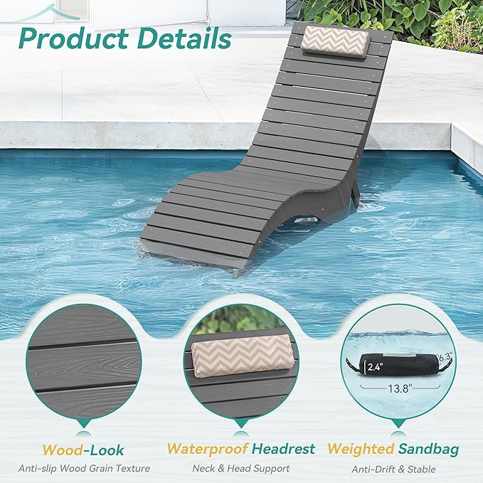 Pool Lounge Chairs - Anti-Floating HDPS Design for Pools & Backyard Sun Decks, Weighted Pool Chairs and Lounges for Poolside or Outside, Includes Headrest, Neutral Grey