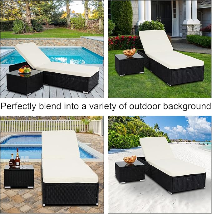 VINGLI Outdoor Chaise Lounge Chair Set with Side Table, Pool Lounge Chair with Adjustable Backrest,Waterproof Black Rattan Recliners Outside Patio Lounger Furniture