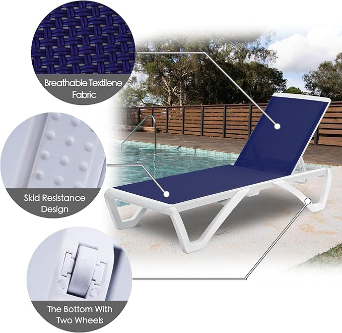 Kozyard Outdoor Chaise Lounge Chair, Full Flat Adjustable Patio Lounger with Aluminum Frame & Resin Legs, Textilene Fabric for Poolside, Backyard & Beach (NavyBlue, Chair with Table)