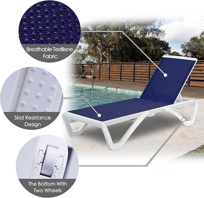 Kozyard Outdoor Chaise Lounge Chair, Full Flat Adjustable Patio Lounger with Aluminum Frame & Resin Legs, Textilene Fabric for Poolside, Backyard & Beach (NavyBlue, Chair with Table)