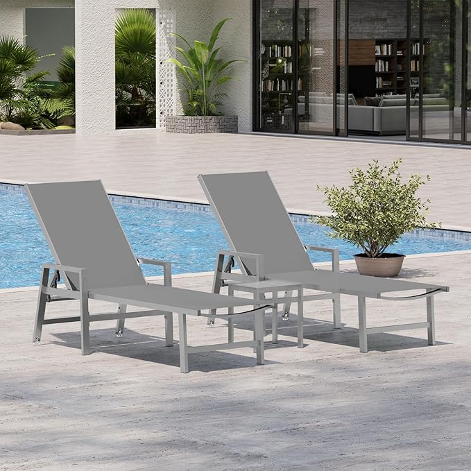 Patio Chaise Lounge Chair Outdoor with Wheels&Armrests, Aluminum Pool Lounge Chairs Five-Position Adjustable Recliner with Side Table, Outdoor Beach Lounge Chairs for Poolside, Deck, Garden, Dark Gray