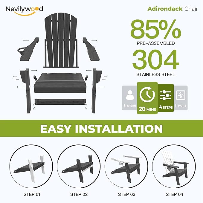 nevilywood HDPE Folding Adirondack Chair Set of 2,Waterproof All-Weather Outdoor Design with Cup Holder,Suitable for Patio for Fire Pit, Patio & Beach, Black