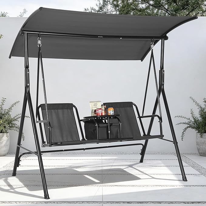 Porch Swing with Cup Holders & Pivot Storage Table & Cooler Bag with Adjustable Canopy for 2 Person Patio Swing for - Photo 1