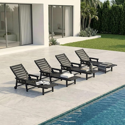 5-Position Adjustable Lounge Chair Outdoor Set of 4, HDPE Outdoor Chaise Lounge with Cup Holder & Wheels, Pool Lounge Chairs for Poolside, Beach, Deck, Black