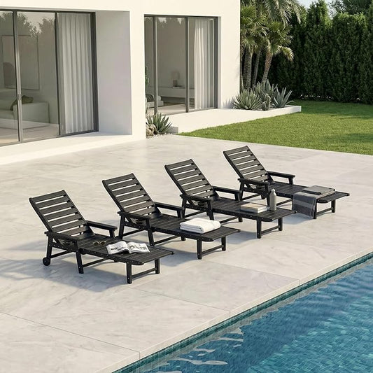 5-Position Adjustable Lounge Chair Outdoor Set of 4, HDPE Outdoor Chaise Lounge with Cup Holder & Wheels, Pool Lounge Chairs for Poolside, Beach, Deck, Black