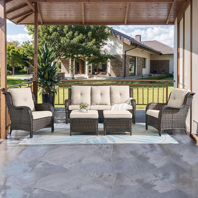 HUMMUH Outdoor Furniture 5 Pieces Patio Furniture Set Wicker Outdoor Sectional Sofa with 2 Patio Chairs,Ottomans