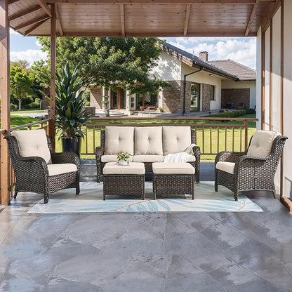 HUMMUH Outdoor Furniture 5 Pieces Patio Furniture Set Wicker Outdoor Sectional Sofa with 2 Patio Chairs,Ottomans