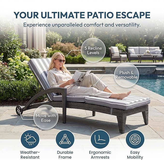Chaise Lounge Chairs Set of 2, Upholstered 5-Positions Adjustable Pool Loungers, 80" Long Wicker Outdoor Lounge Chairs, Patio Chaise Lounges with Wheels for Sunbathing/Deck/Yard, Stripe