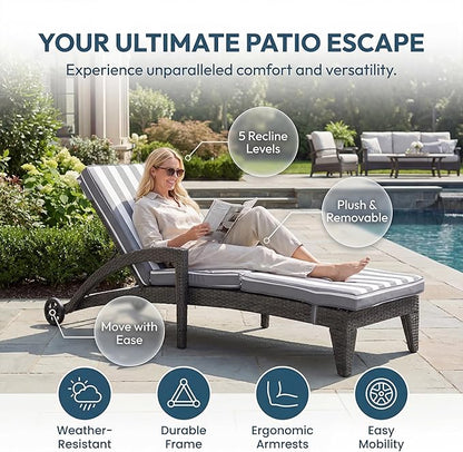 Chaise Lounge Chairs Set of 2, Upholstered 5-Positions Adjustable Pool Loungers, 80" Long Wicker Outdoor Lounge Chairs, Patio Chaise Lounges with Wheels for Sunbathing/Deck/Yard, Stripe