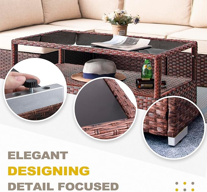 DIMAR GARDEN Outdoor Coffee Table Wicker Patio Rattan Side Table with Glass Top and Storage Shelf,40in Mixed Brown - Photo 3