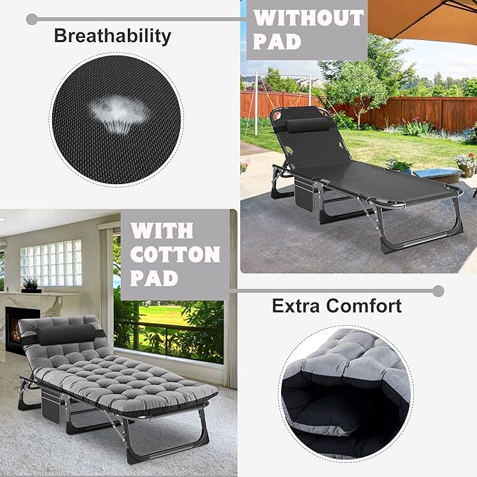 ABORON Heavy Duty Tanning Chair, 5-Gear Outdoor Folding Chaise Lounge Chair with Cushion - Photo 7